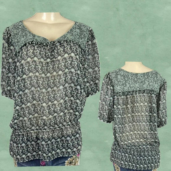 Rockmans 12 Green Floral Sheer Print Drop Elastic Waist Short Sleeve Blouse - Picture 1 of 6